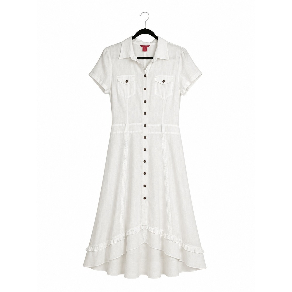 Sunny Leigh White Linen Midi Shirt Dress Crochet Trim Cottage Core boho Coastal